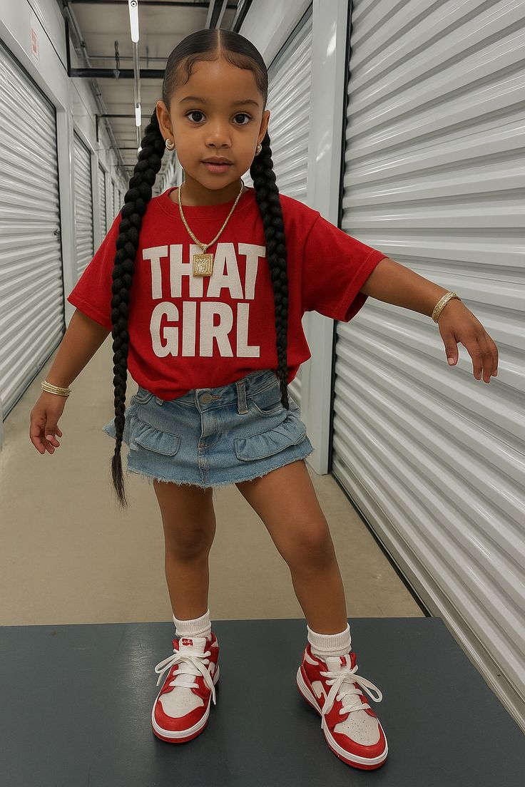 A child sitting on a stair wearing a stylish outfit.
